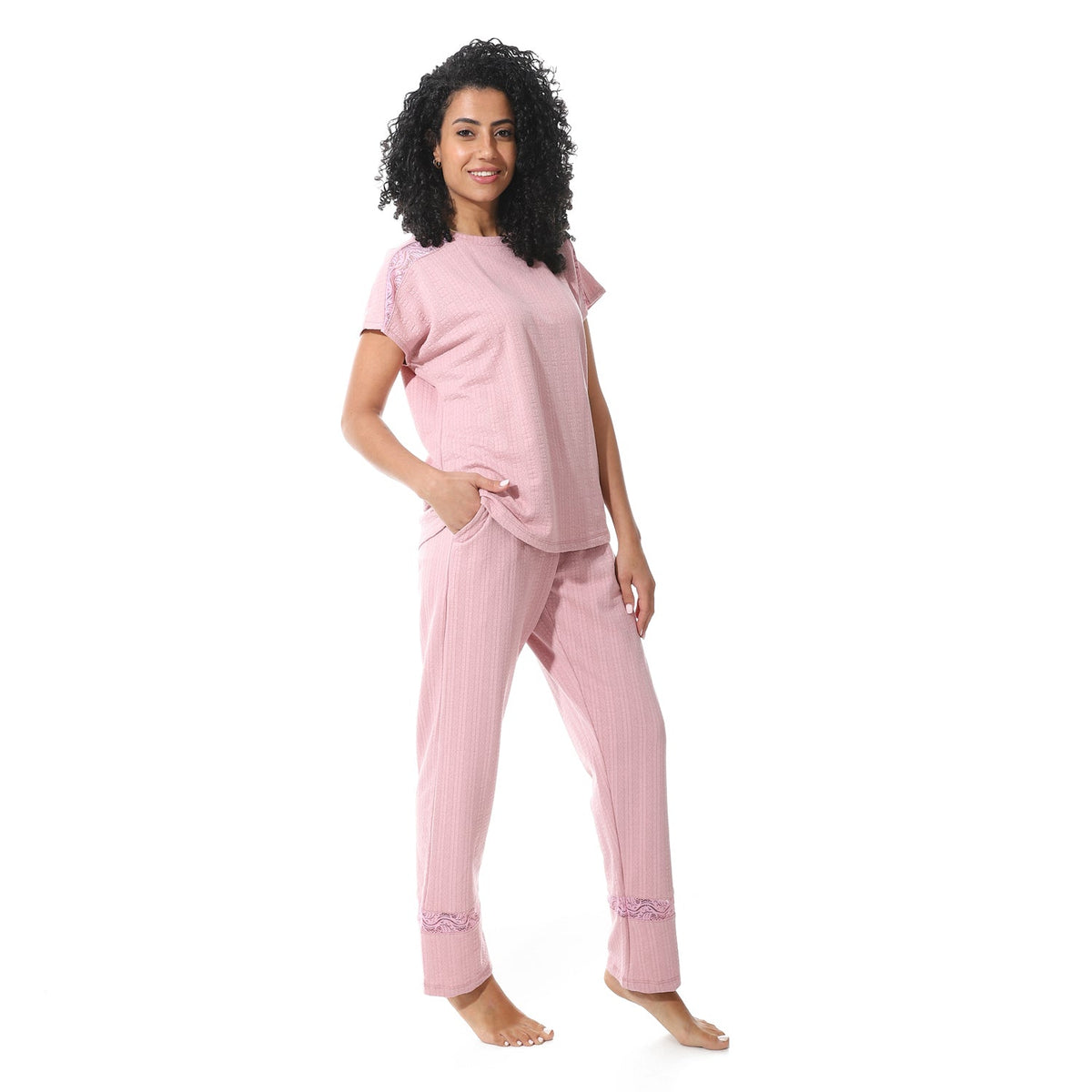 Elegant Summer Jacquard Pajama Set with Lace Detailing - Kashmir - Red Cotton