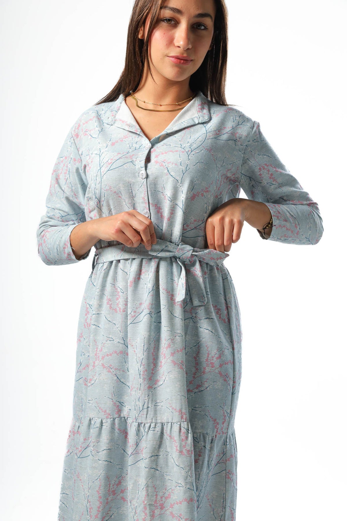Elegant Women's Linen Dress with Buttons - Lite Blue - Red Cotton