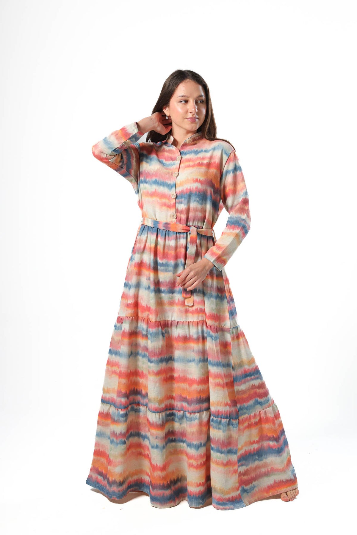 Elegant Women's Linen Dress with Buttons - Orange - Red Cotton