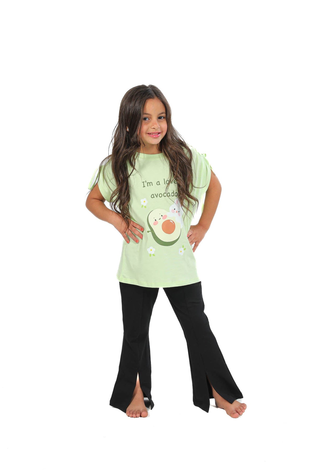Girls’ Avocado Graphic T-Shirt & Black Flared Pants Set - Red Cotton