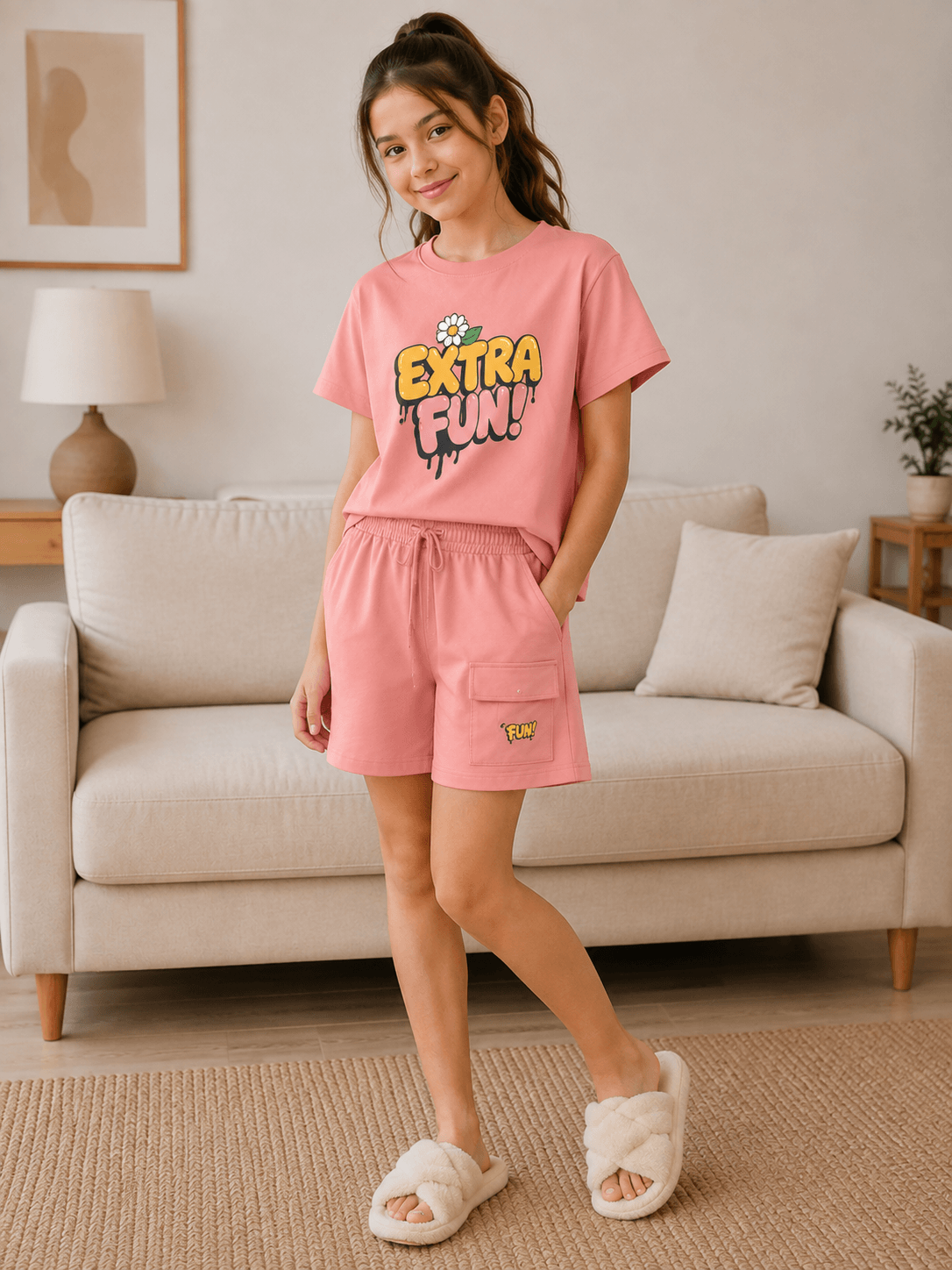 Girls’ Cargo Shorts Set with Chest Print - Red Cotton