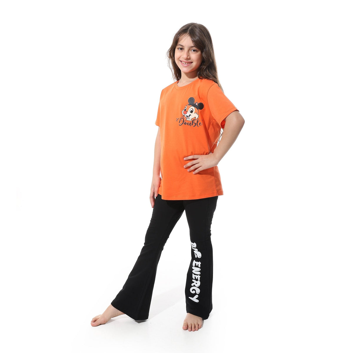 Girls' Cartoon Printed Pajama Sets with Back Print -Orange - Red Cotton