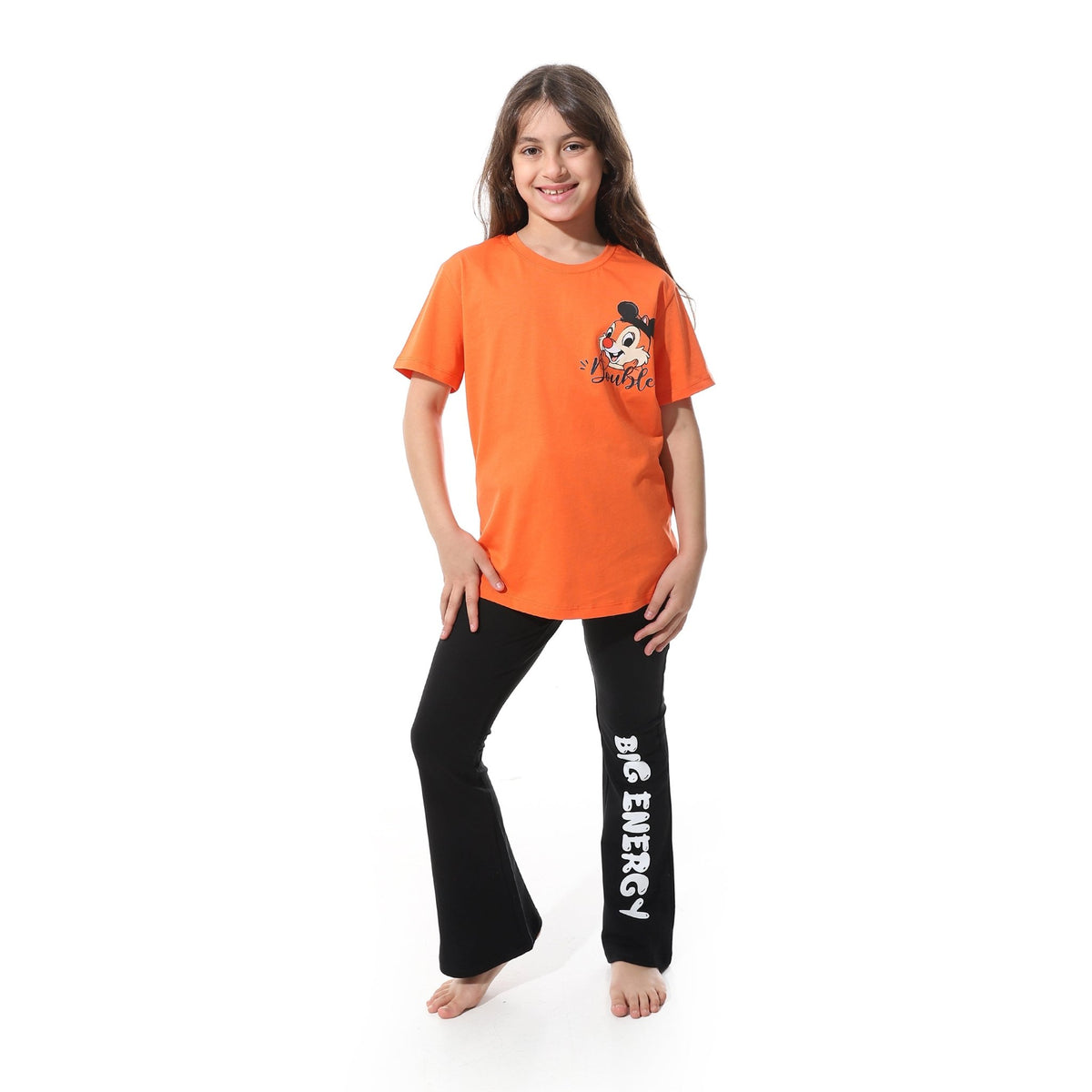 Girls' Cartoon Printed Pajama Sets with Back Print -Orange - Red Cotton