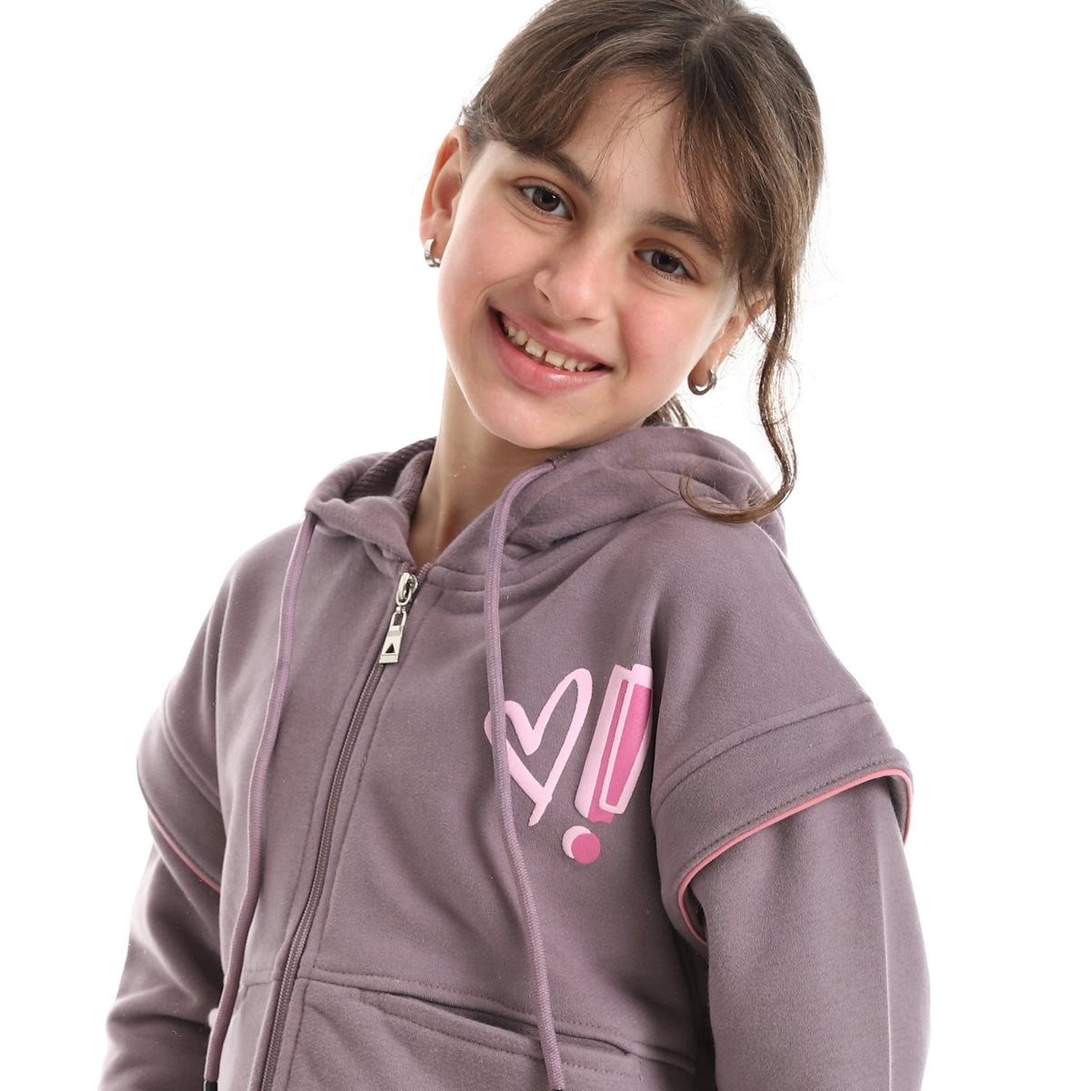 Girls' Oversized Layered-Sleeve Zip-Up Hoodie - Red Cotton
