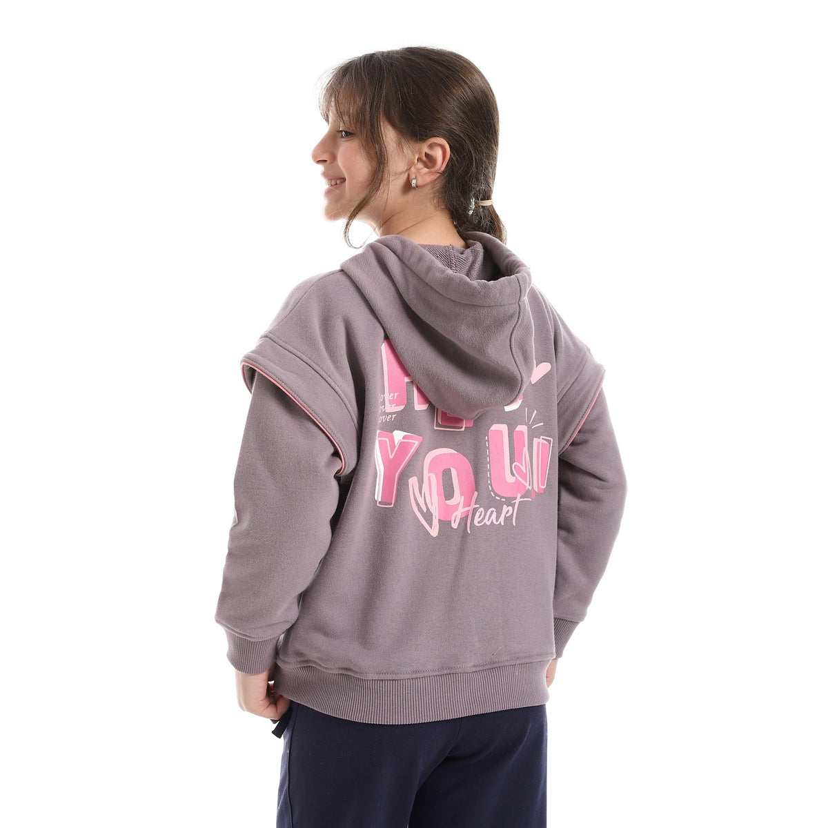 Girls' Oversized Layered-Sleeve Zip-Up Hoodie - Red Cotton