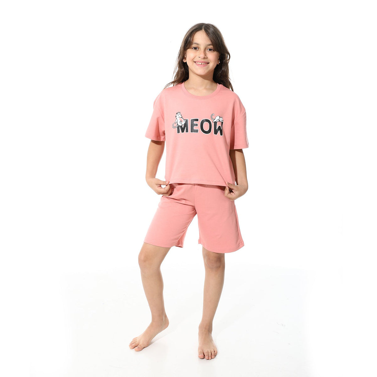 Girls’ Pink Meow Printed Short Set - Red Cotton