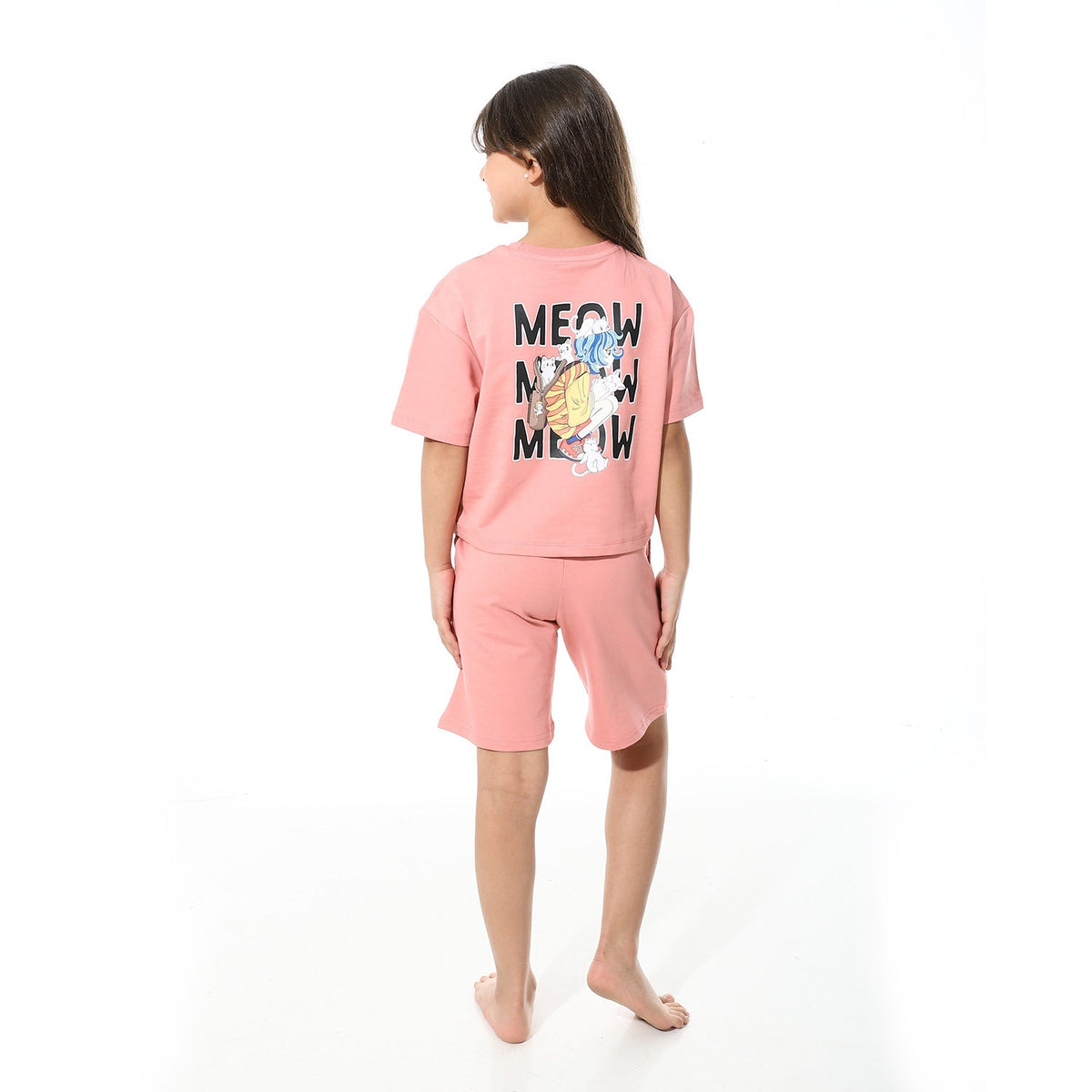 Girls’ Pink Meow Printed Short Set - Red Cotton