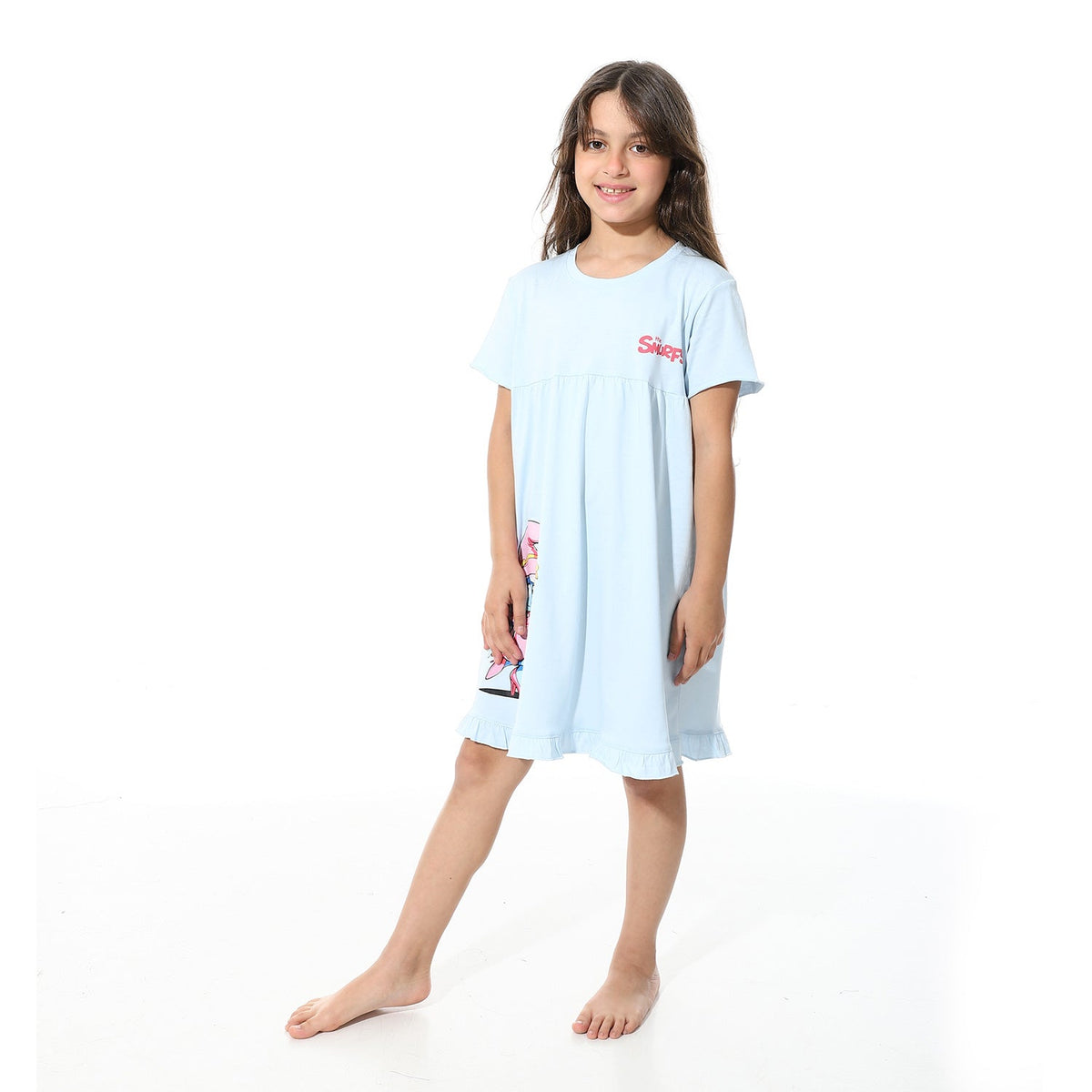 Girls Printed Short Sleeves Nightgown - Blue - Red Cotton