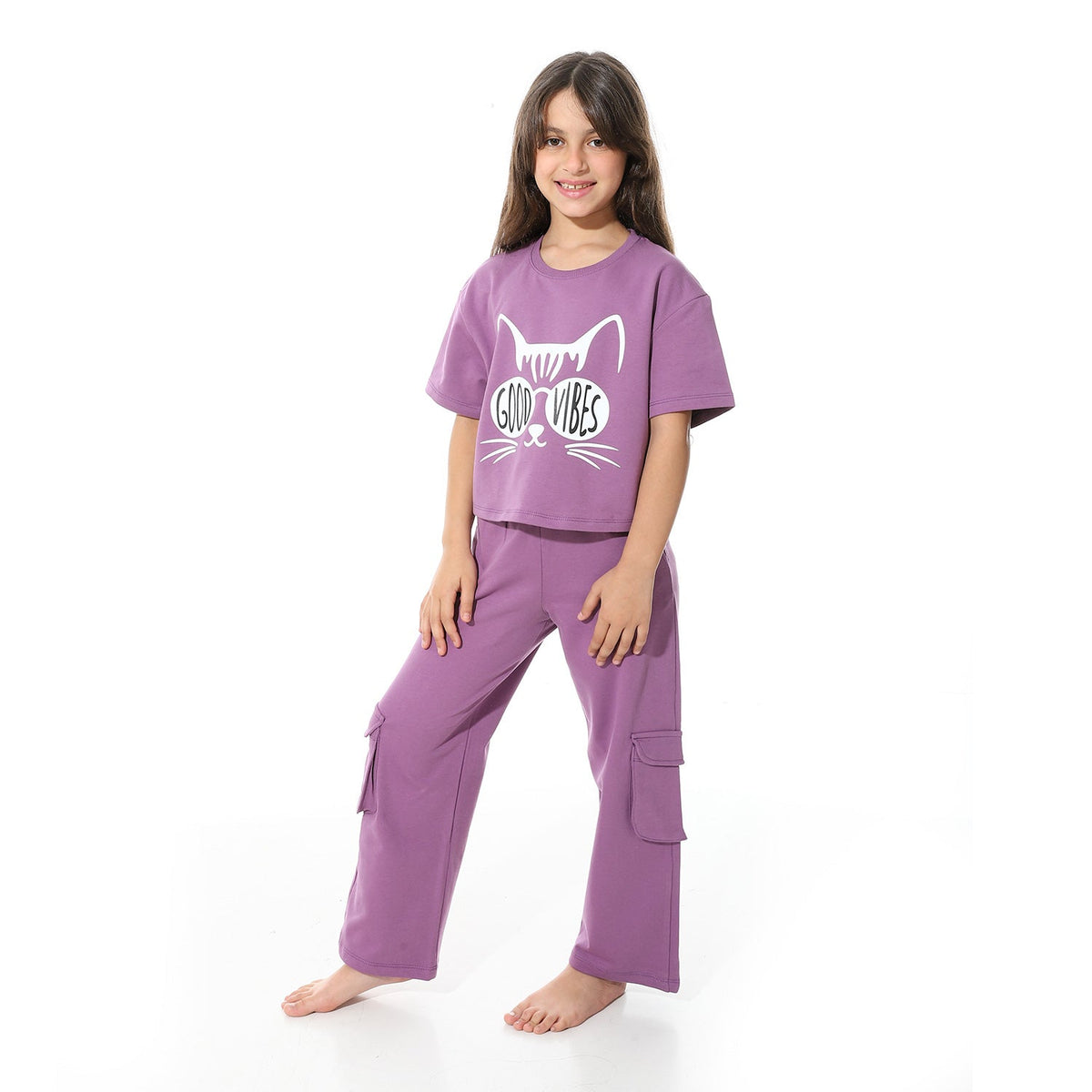 Girls' Purple Crop Top & Wide Leg Pants Set - Red Cotton