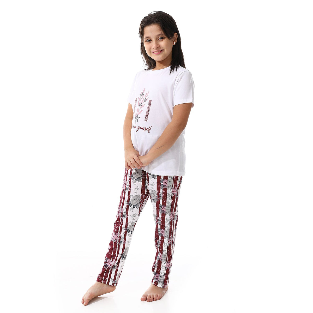 Girl's Summer Pajama , Soft and Comfy - White & Red - Red Cotton