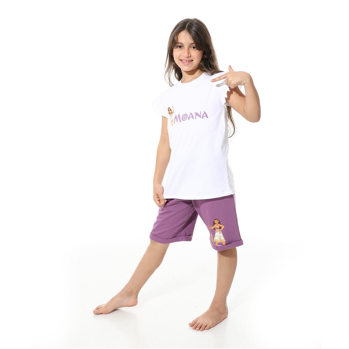 Girls’ White "Moana" Printed Short Pajama Set - Red Cotton