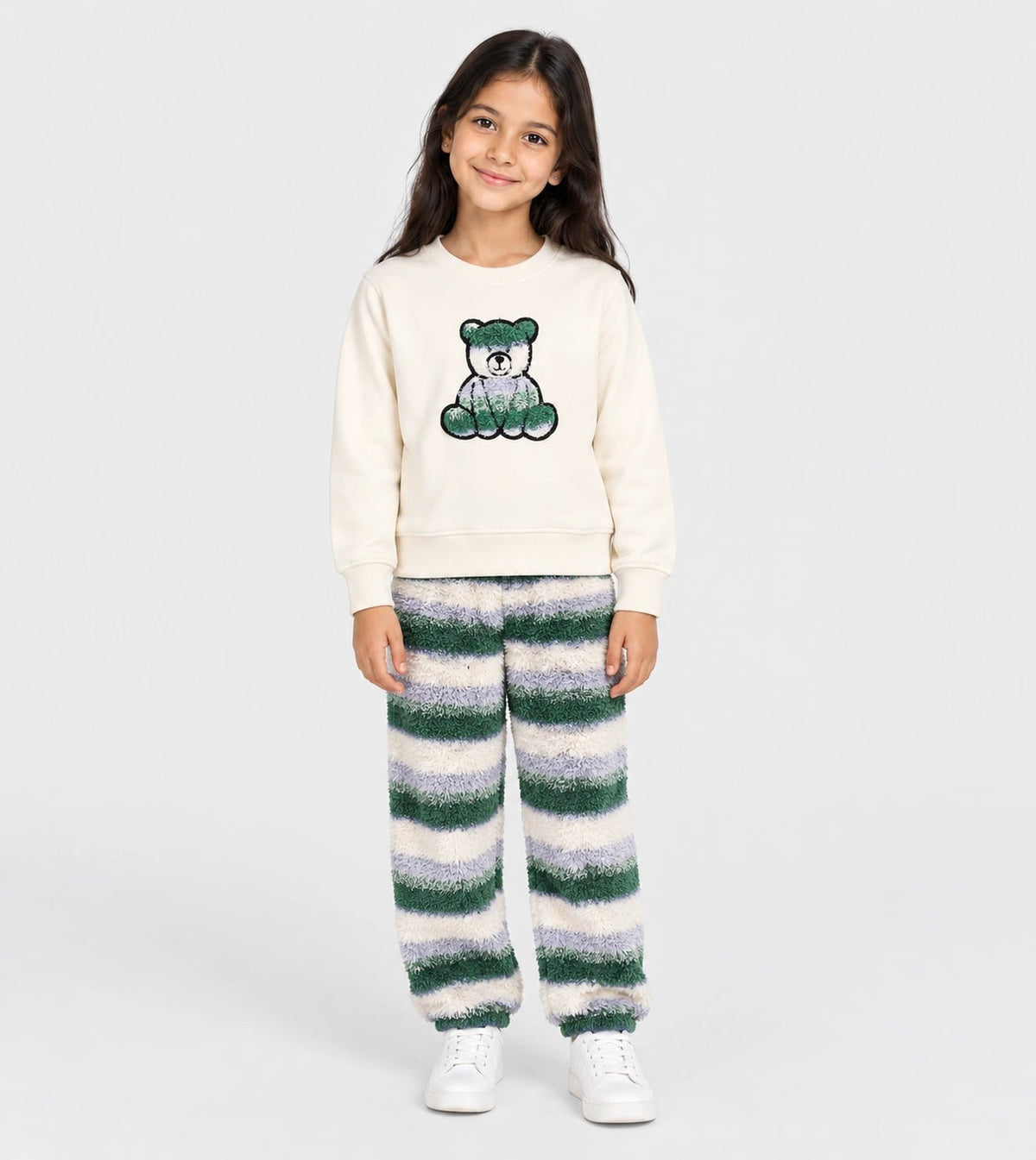 Girls’ Winter Pajama Set in Olive Green and Off-White | Red Cotton - Red Cotton
