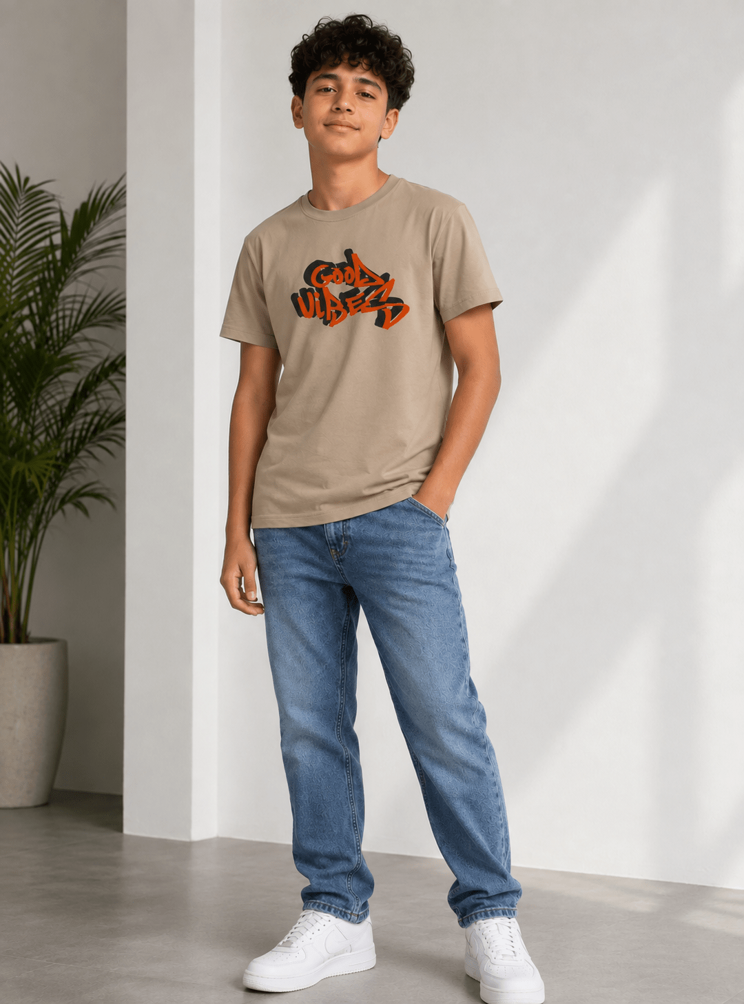 Kids Garmenday Oversized T-Shirt – Beige – Front & Back Print - Red Cotton