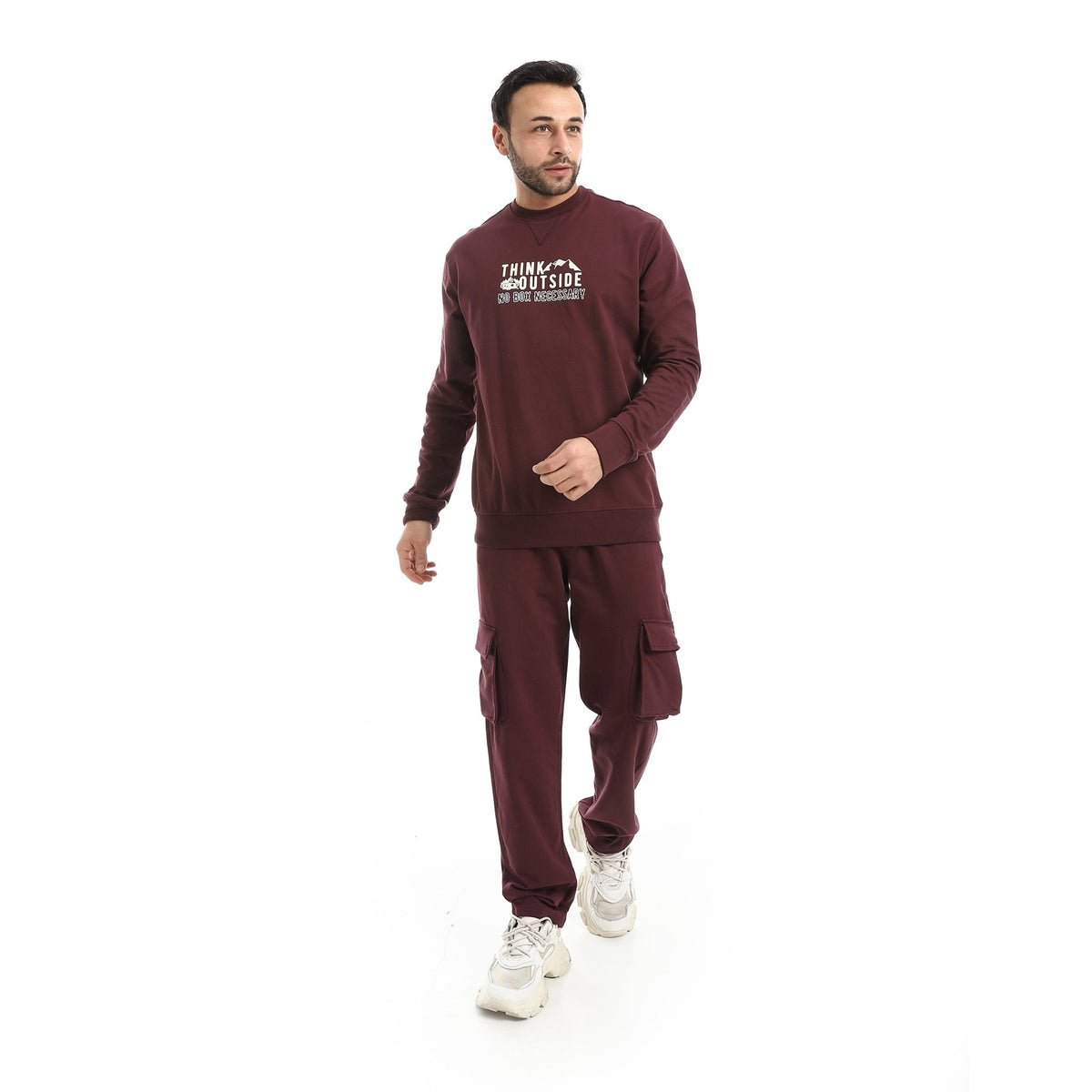 Men Graphic Sweatshirt & Cargo Joggers Set - Red Cotton