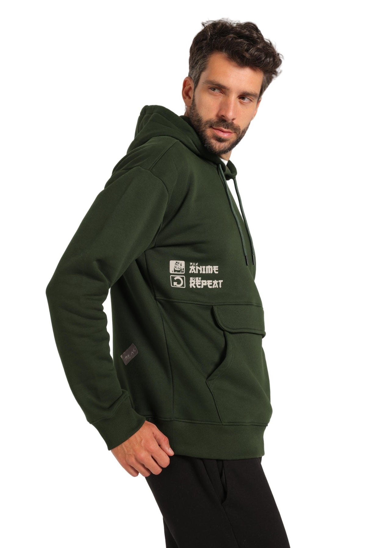 Men Hoodie - Dark Green - Red Cotton