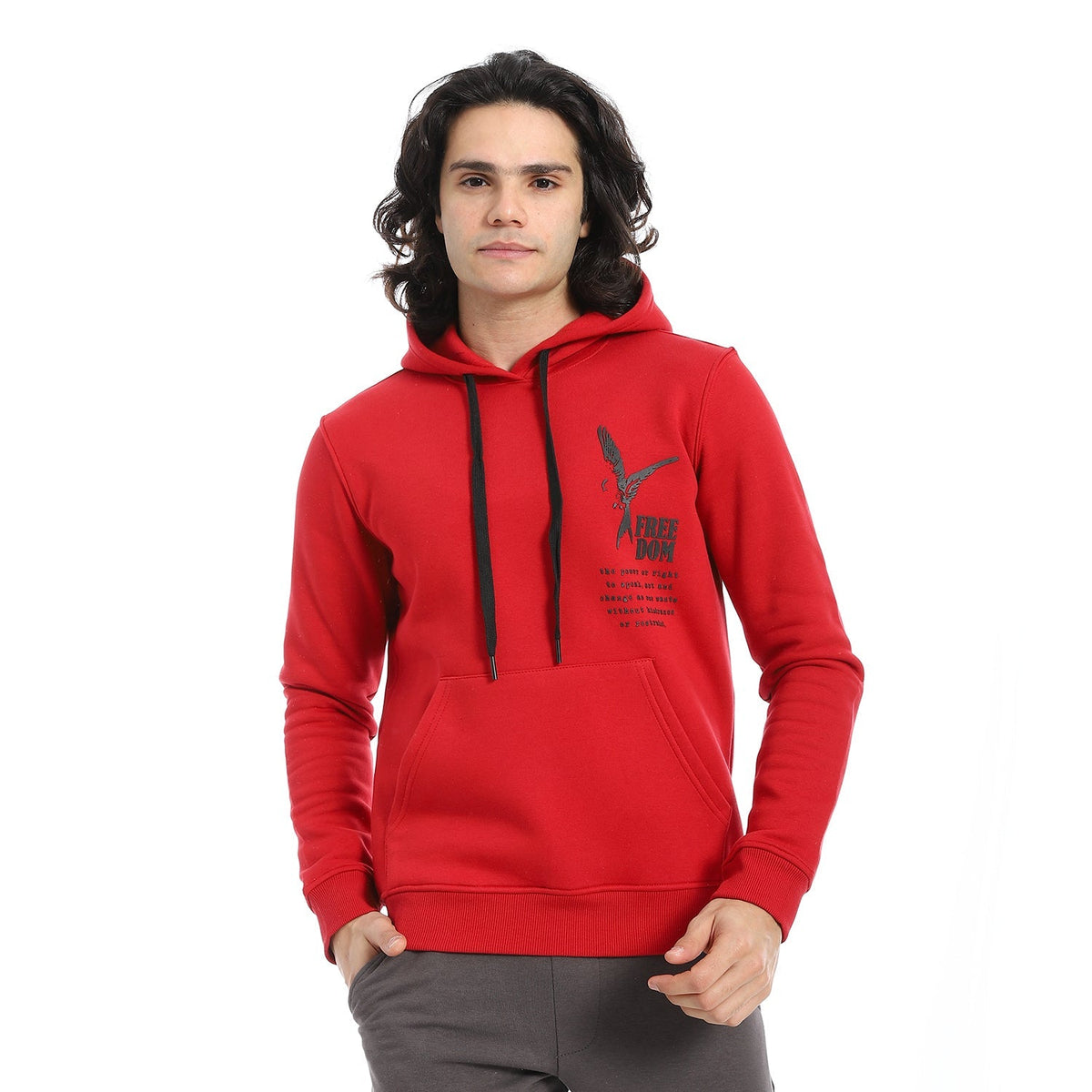 Men Hoodie With Print - Red - Red Cotton