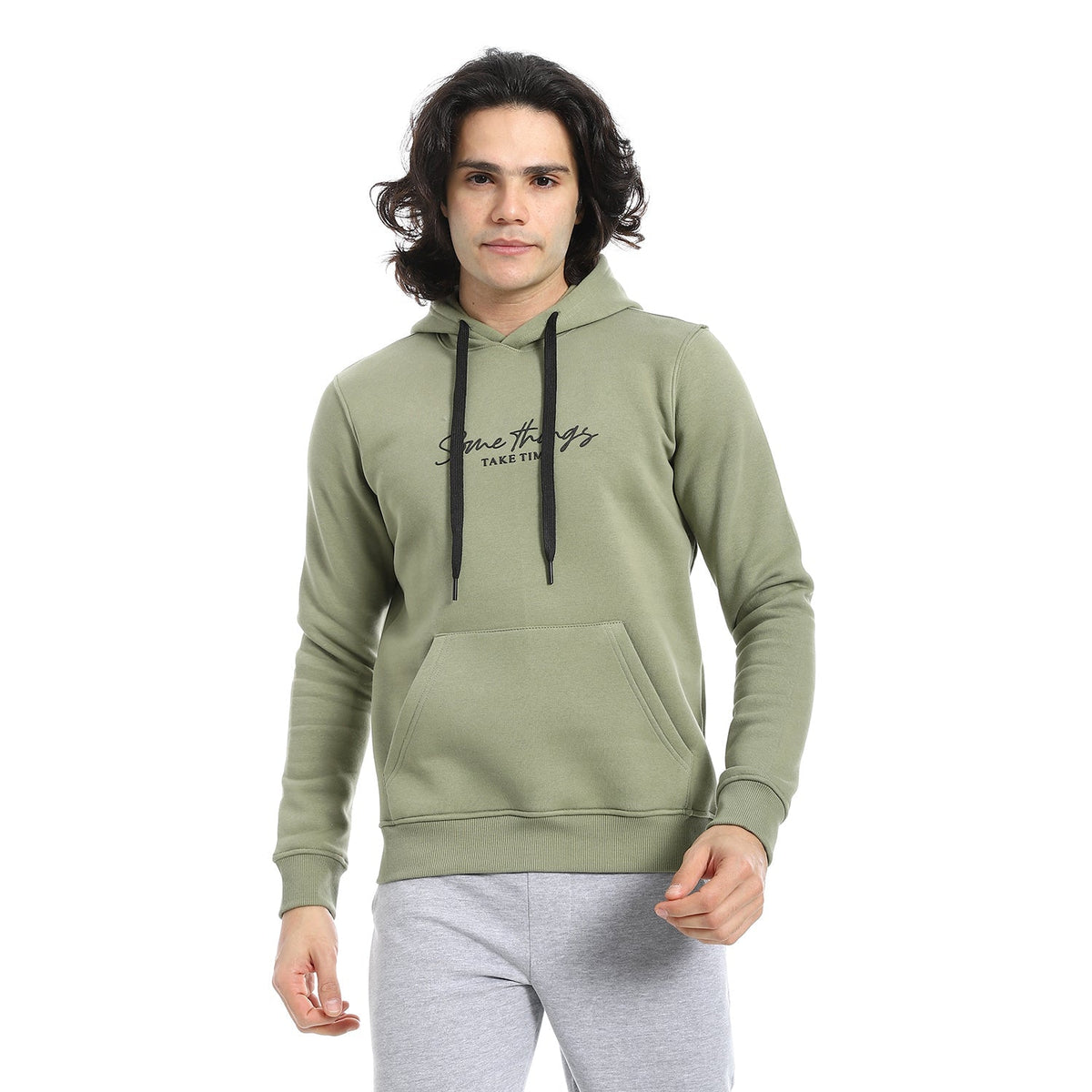 Men Hoodie With Prints - Dark Green - Red Cotton