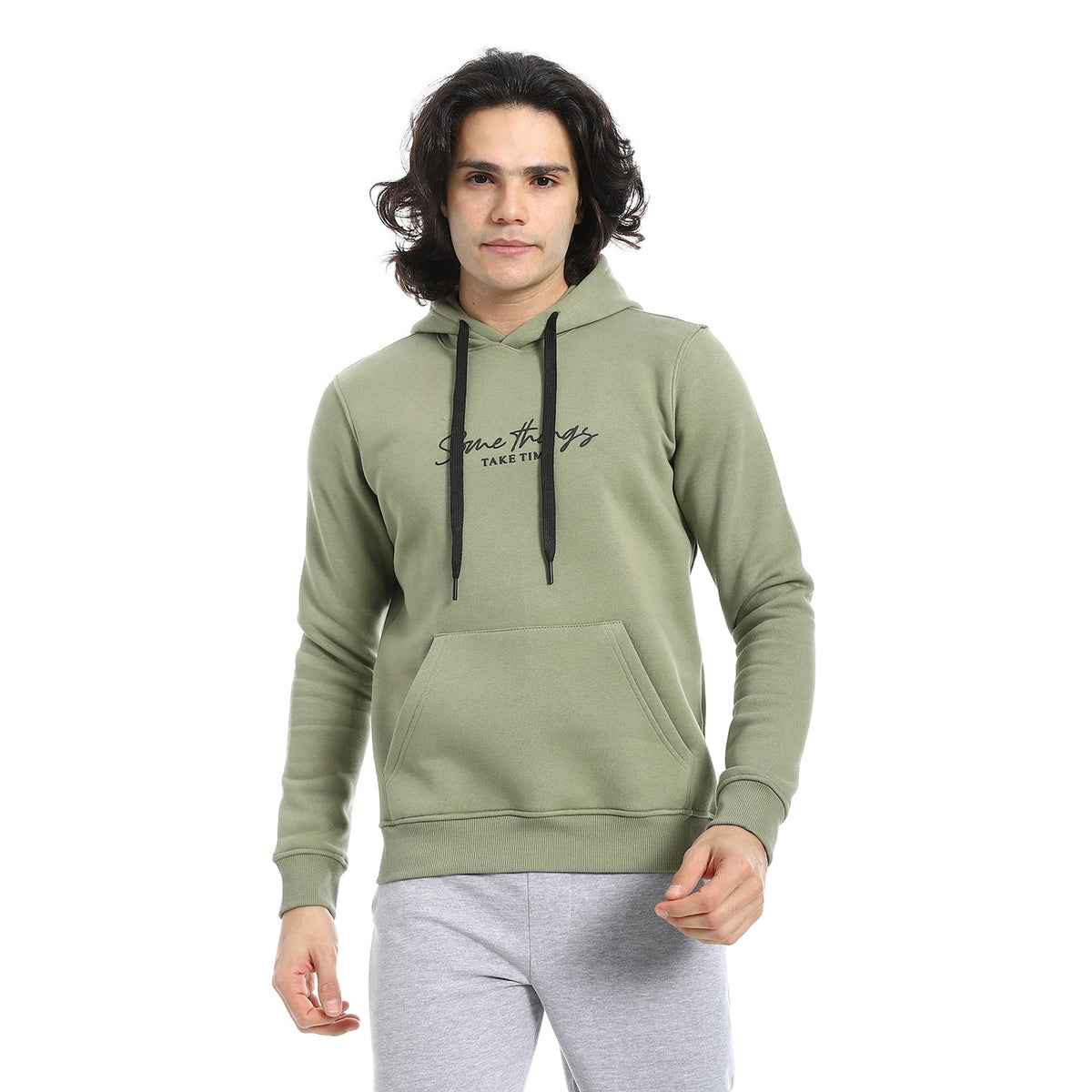 Men Hoodie With Prints - Dark Green - Red Cotton
