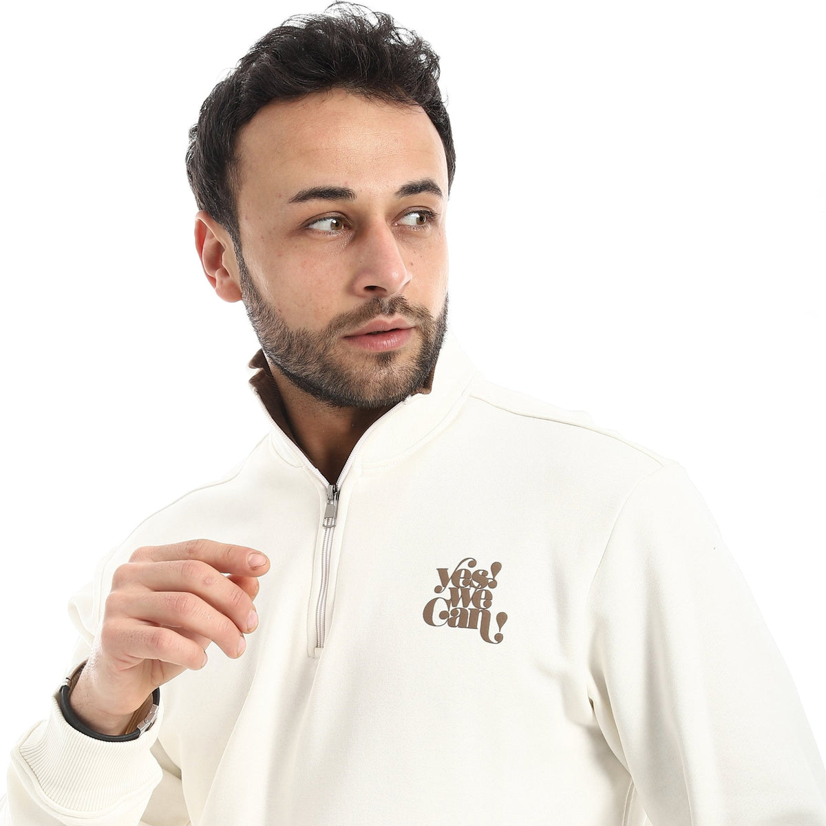 Men Off-White Quarter-Zip Fleece Sweatshirt - Red Cotton