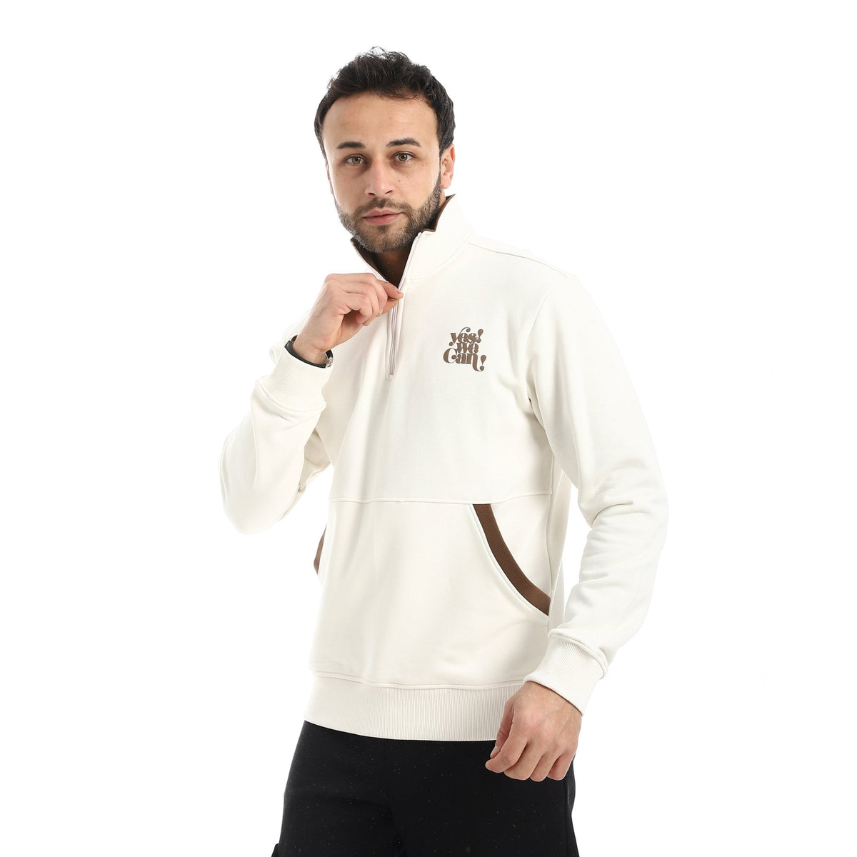 Men Off-White Quarter-Zip Fleece Sweatshirt - Red Cotton