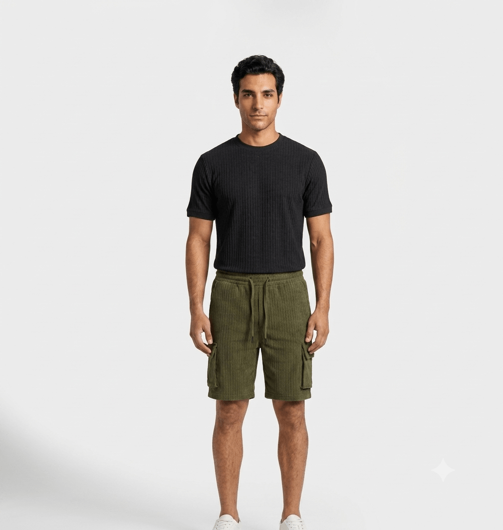 Men Ribbed Cargo Style Shorts - Red Cotton