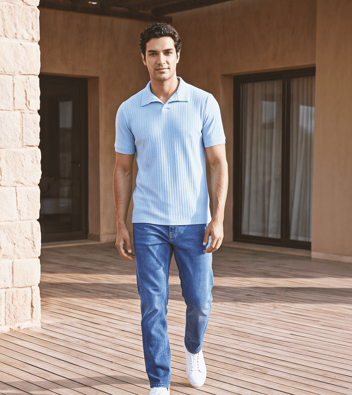 Men Ribbed Knit Polo T-Shirt - Red Cotton