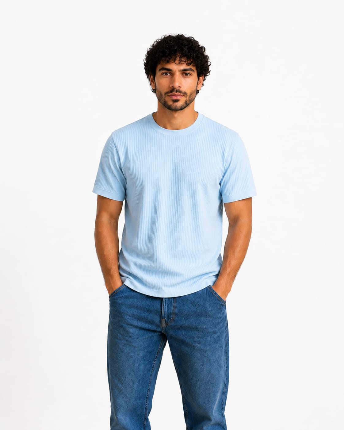 Men Ribbed Knit T-Shirt - Red Cotton