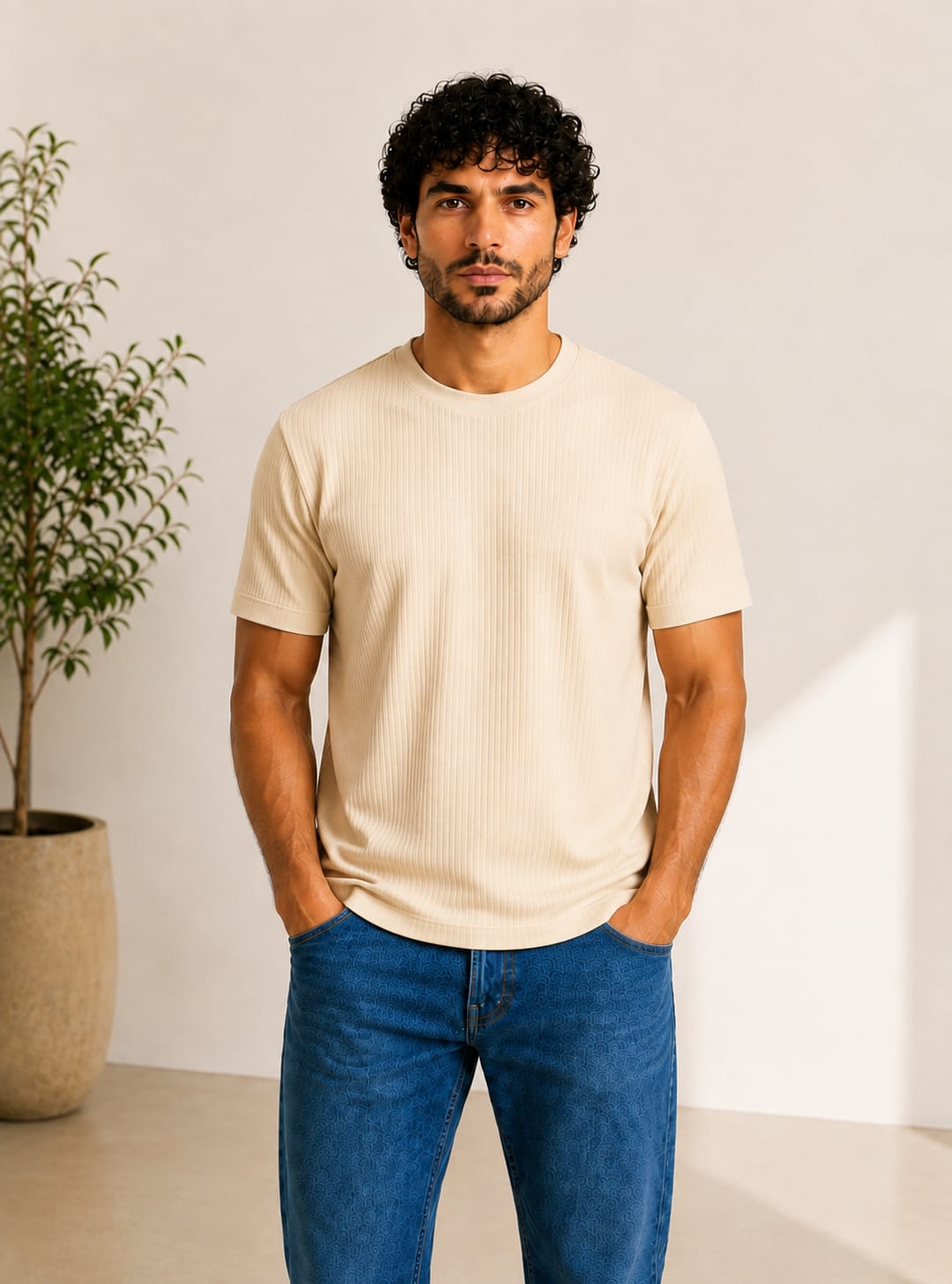 Men Ribbed Knit T-Shirt - Red Cotton