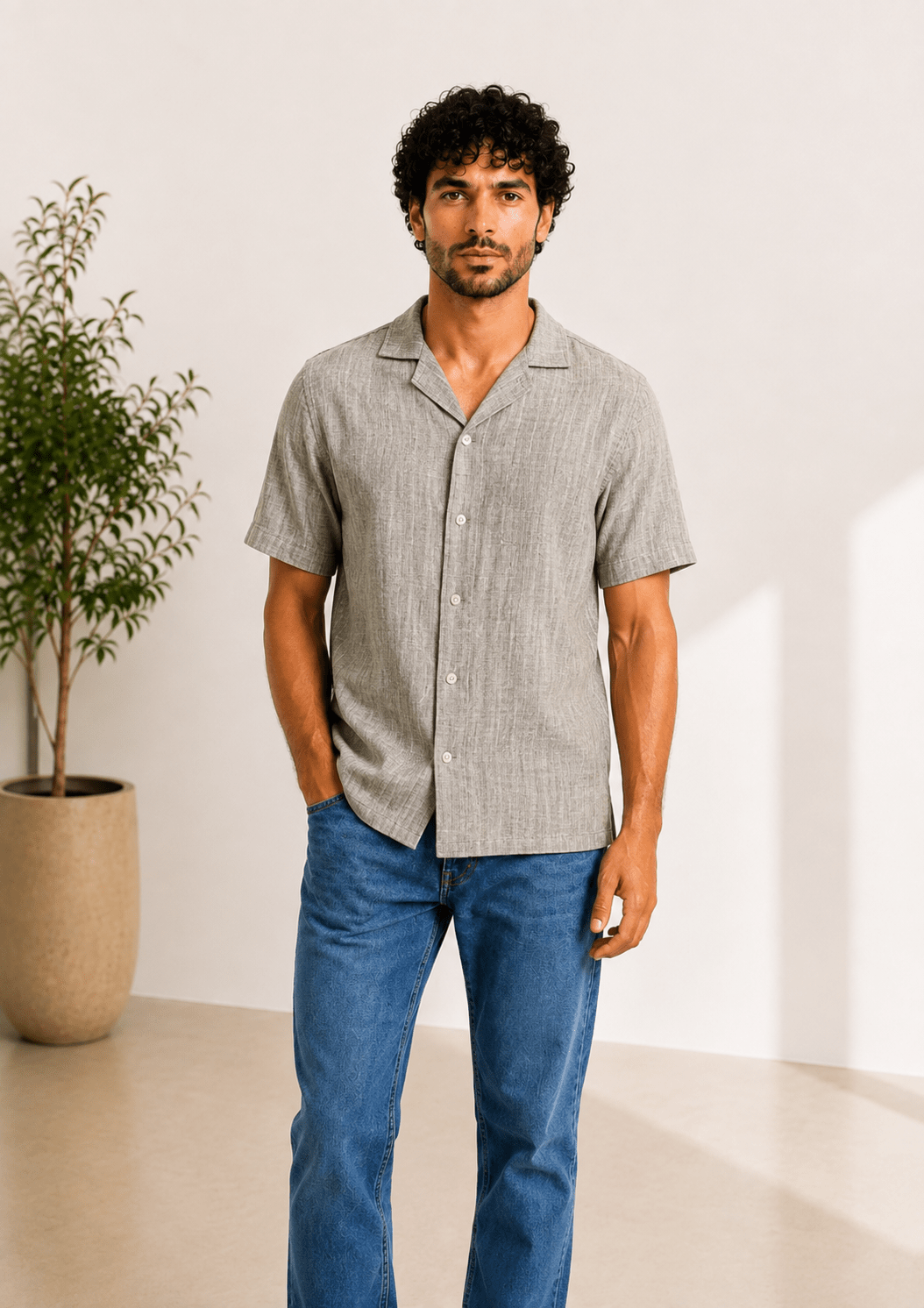 Men Short-Sleeve Camp Collar Linen Shirt in Charcoal Grey - Red Cotton