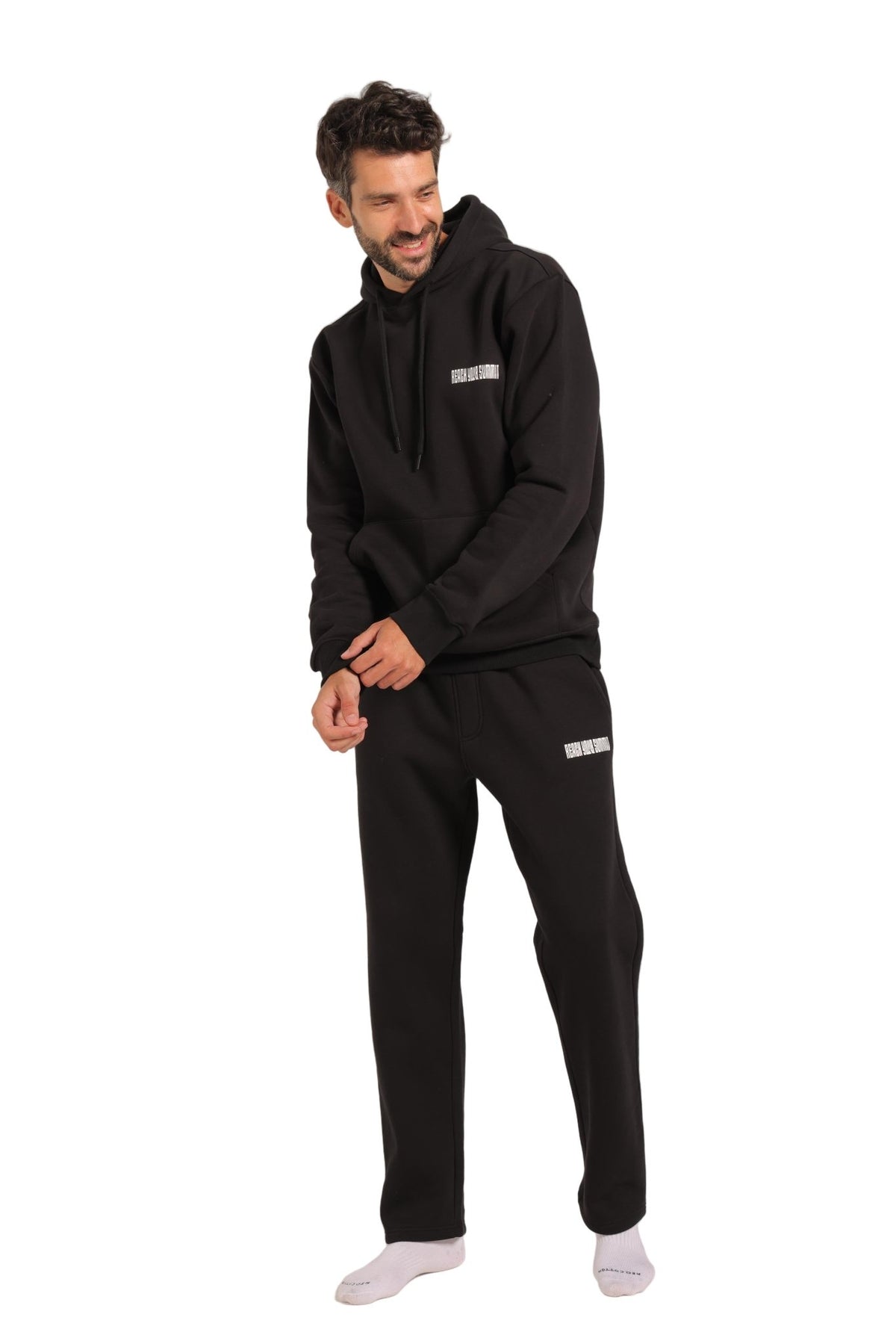Men's Black Hoodie & Joggers Set - Red Cotton