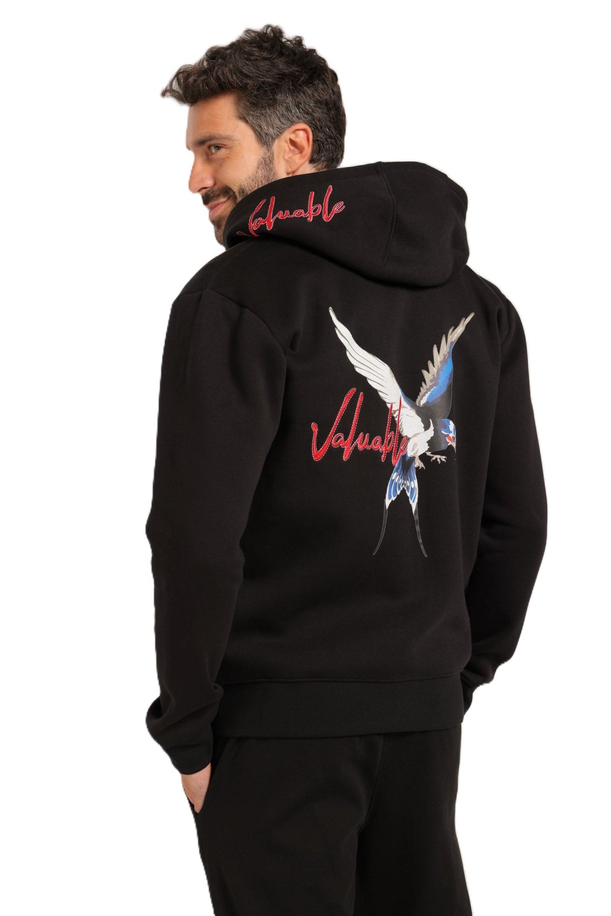 Men’s Black Zip-Up Hoodie with Embroidered Back Design - Red Cotton