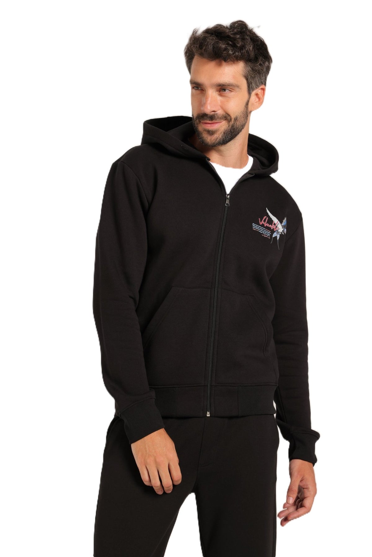 Men’s Black Zip-Up Hoodie with Embroidered Back Design - Red Cotton