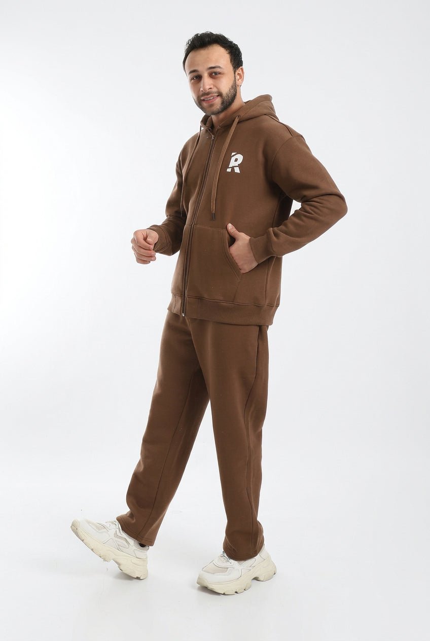 Men’s Brown Hooded Tracksuit – Full-Zip Hoodie & Joggers - Red Cotton