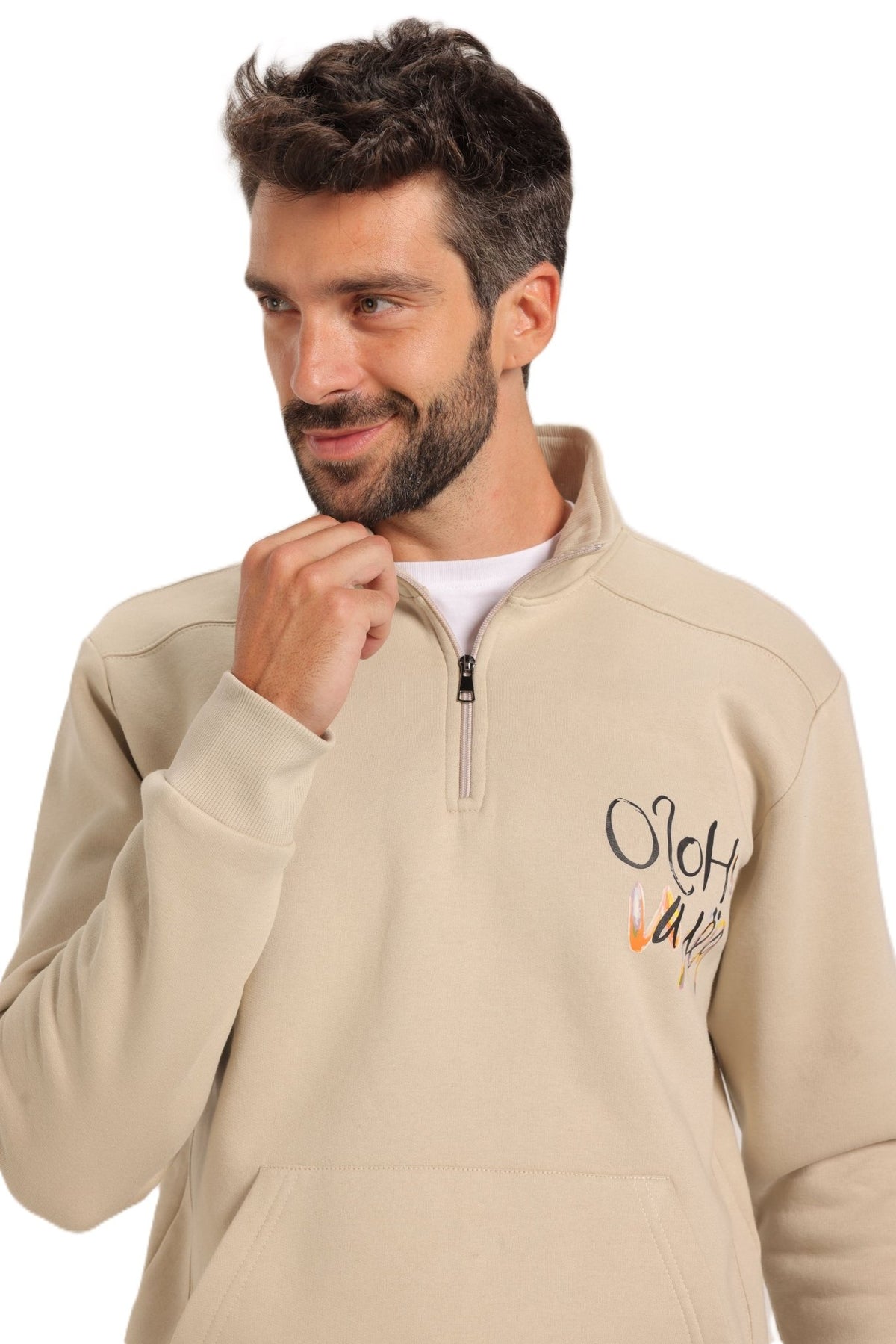 Men’s Casual Beige Sweatshirt – Half-Zip with Unique Print - Red Cotton