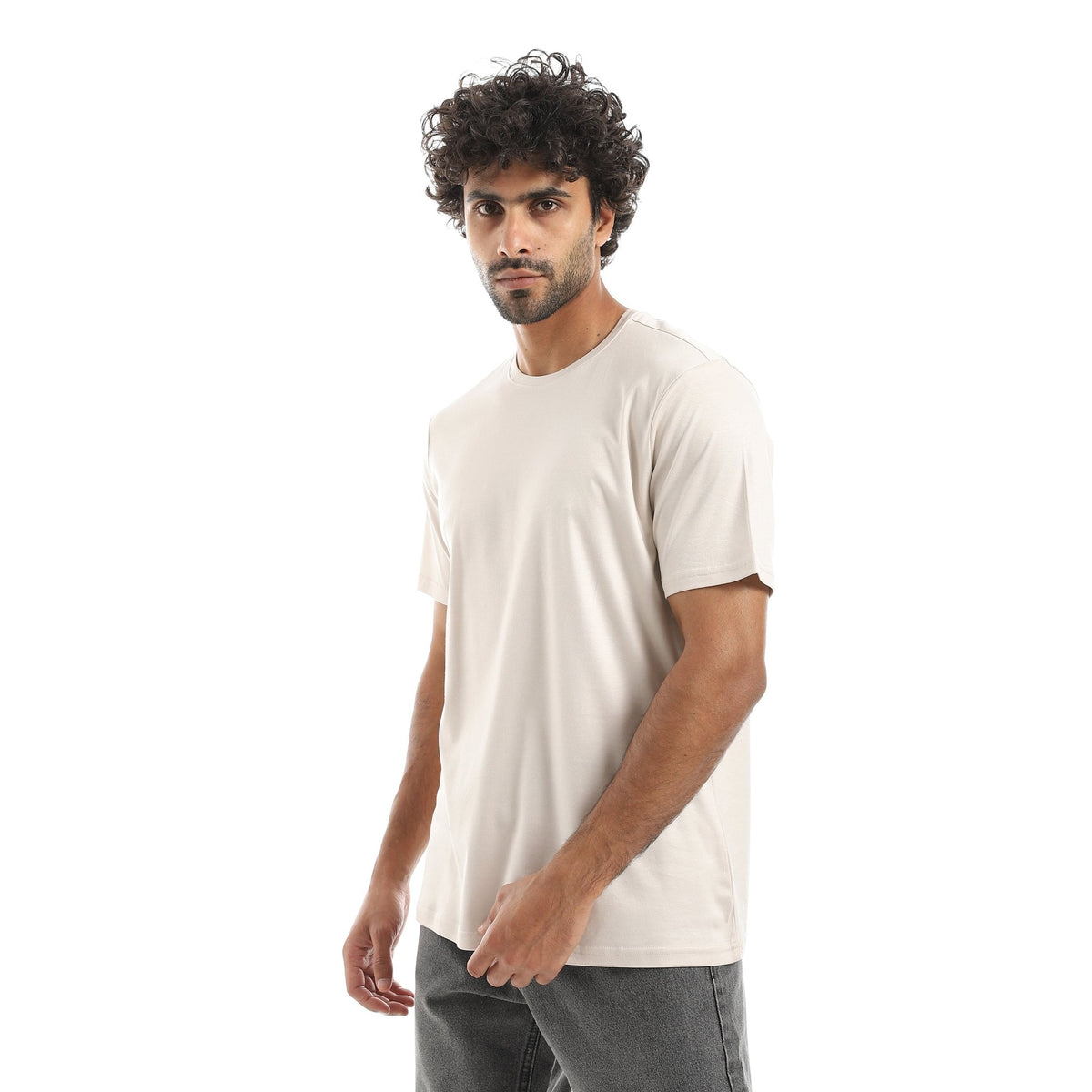 Men's Classic Crew Neck T-Shirt Cotton Mercerise – Beige - Red Cotton