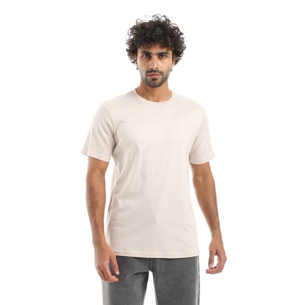 Men's Classic Crew Neck T-Shirt Cotton Mercerise – Beige - Red Cotton