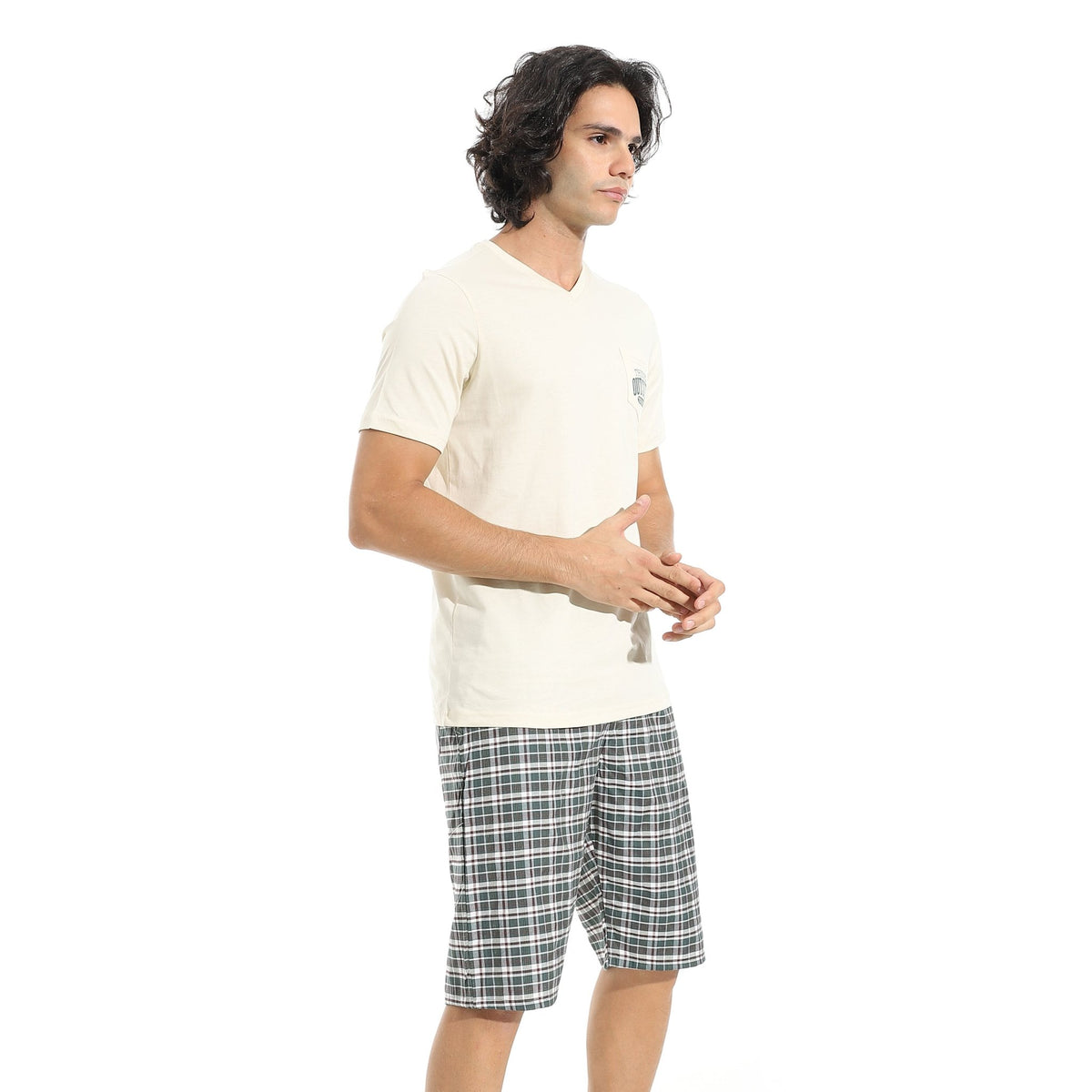 Men's Cotton Pajama Set – Off white V-Neck T-Shirt & Checkered Short - Red Cotton