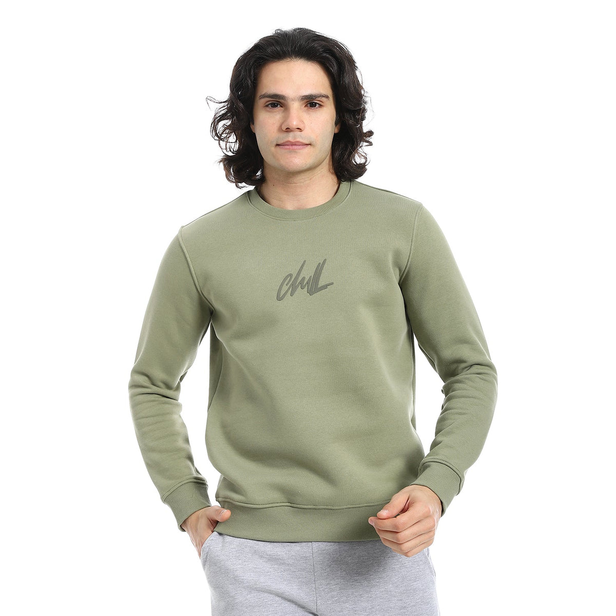 Men's Crewneck Sweatshirt - Style & Comfort Combined - Olive - Red Cotton