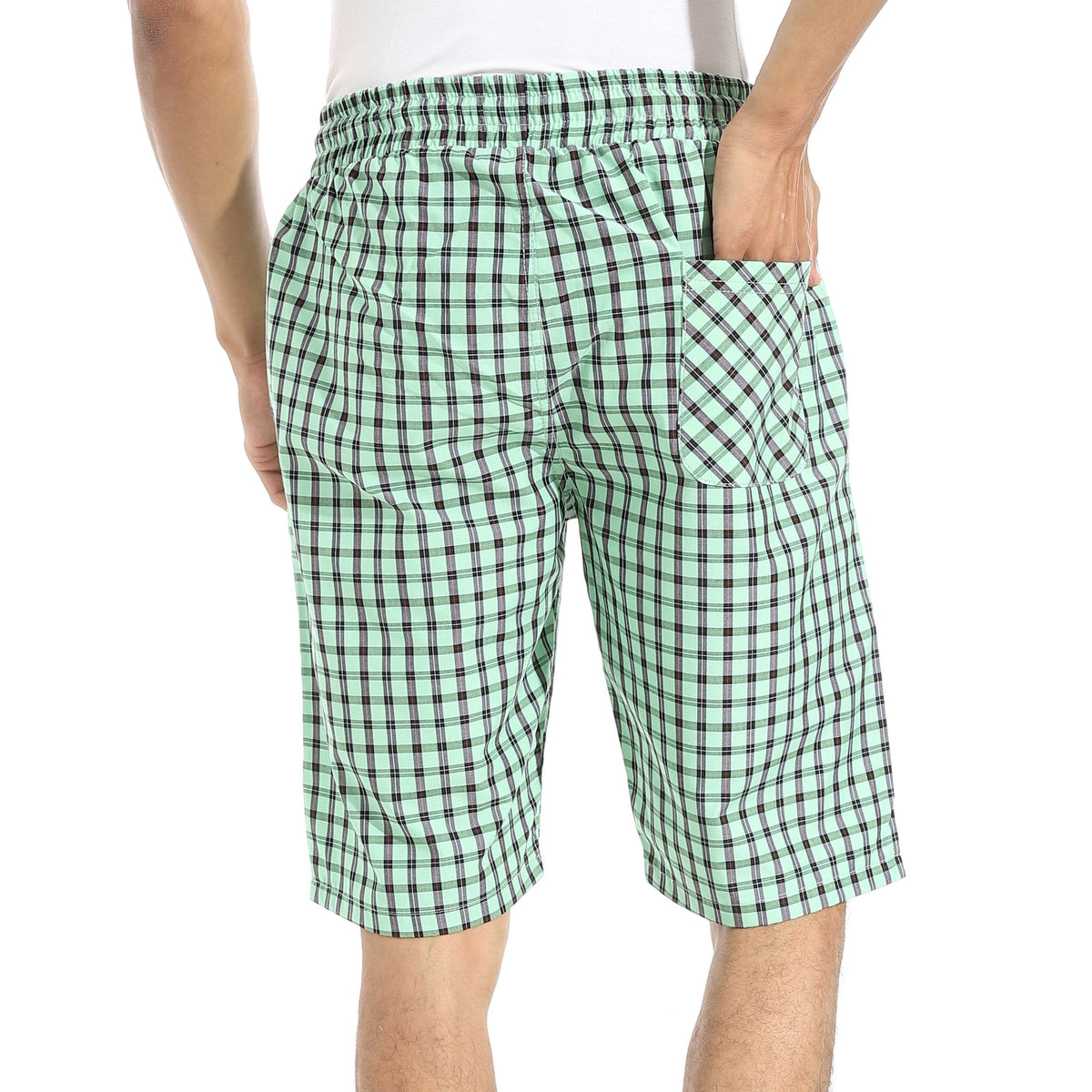 Men's Green Gingham Check Lounge Shorts with Drawstring Waist - Red Cotton