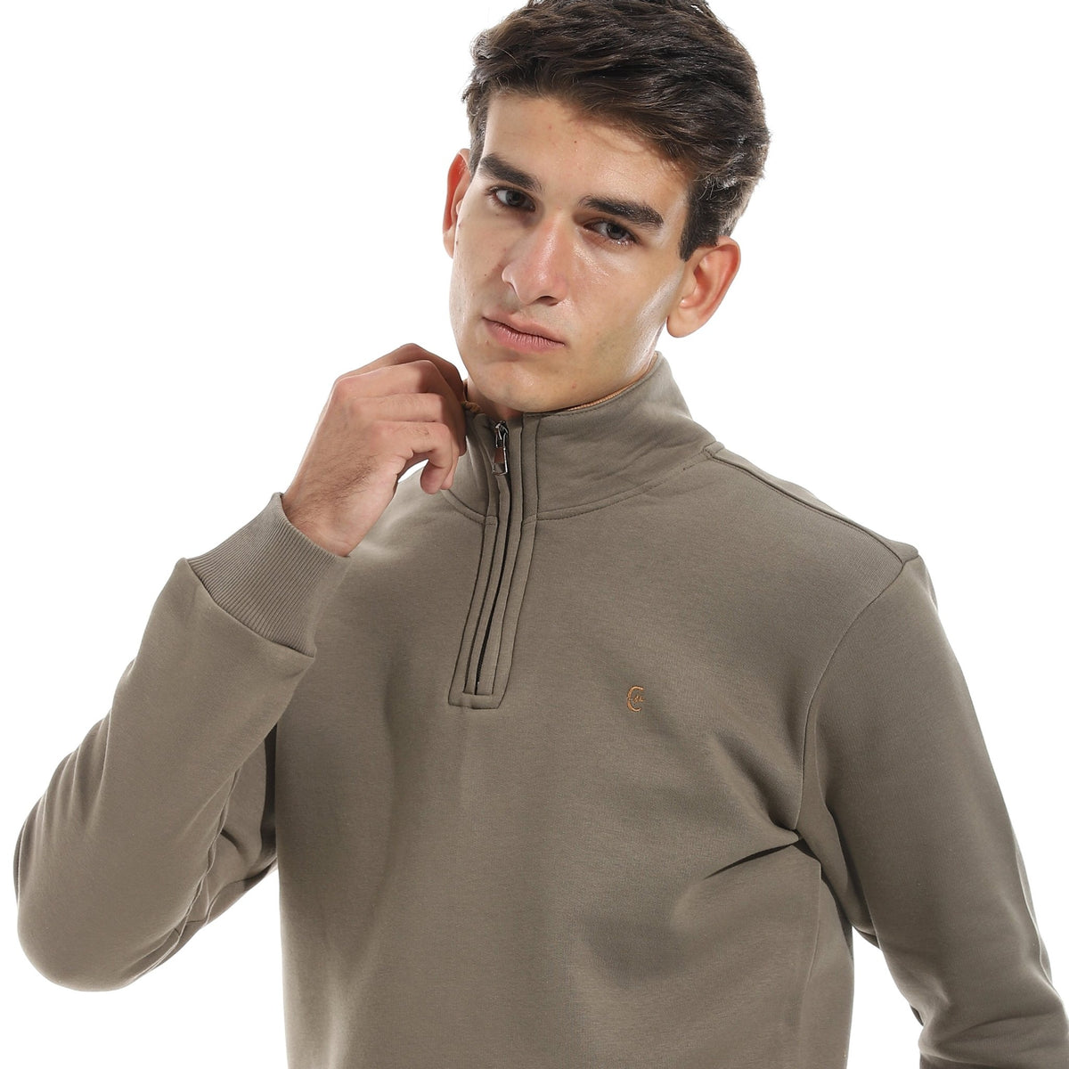 Men’s Half-Zip High-Neck Sweatshirt-Dark Grey - Red Cotton