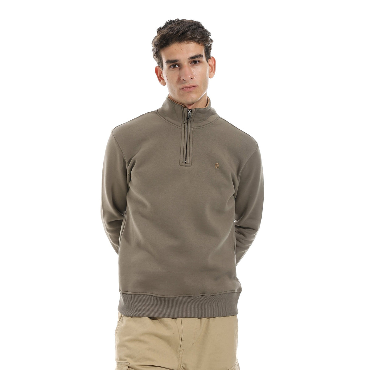 Men’s Half-Zip High-Neck Sweatshirt-Dark Grey - Red Cotton