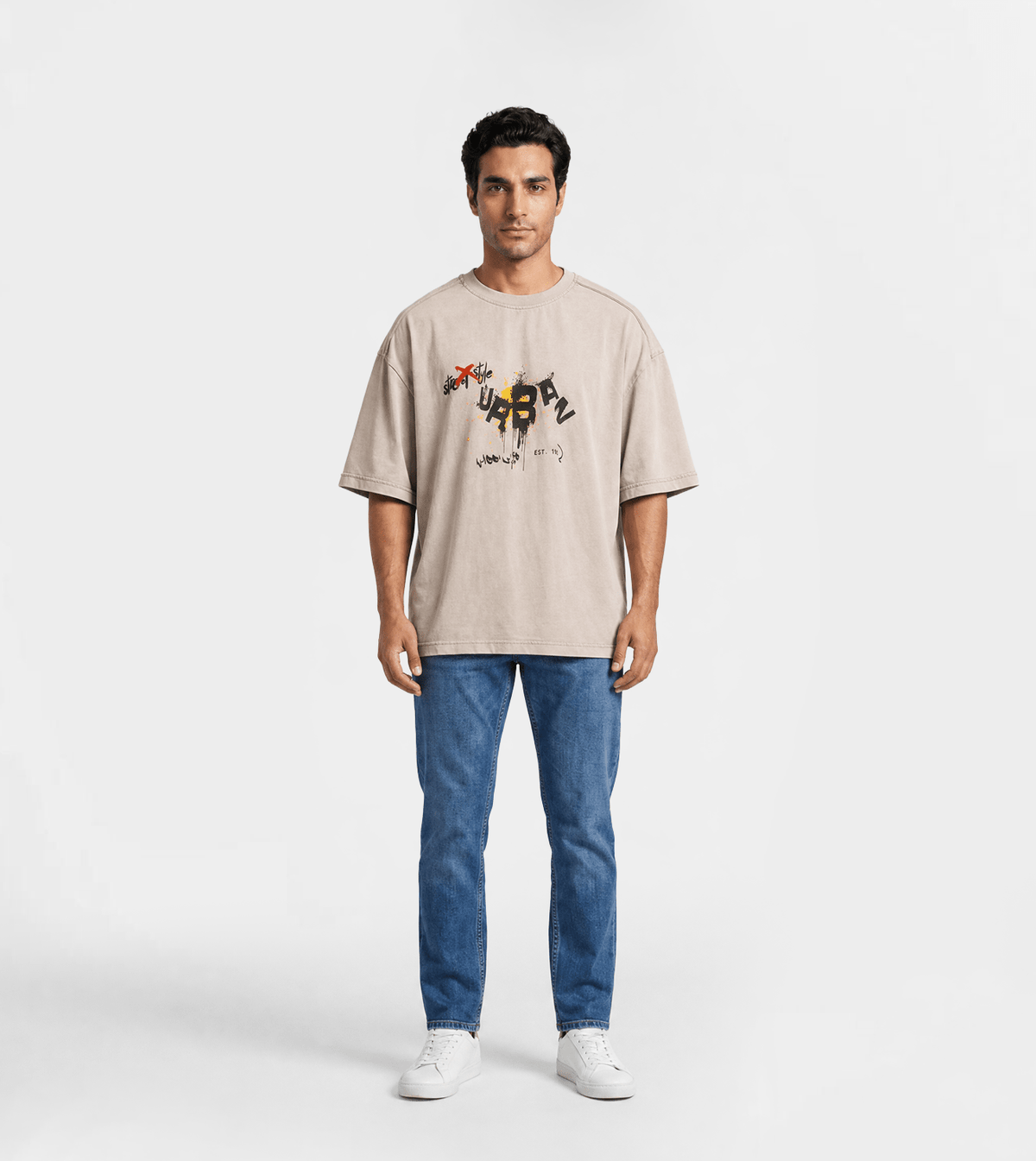 Men’s Oversized Beige T-Shirt - Red Cotton