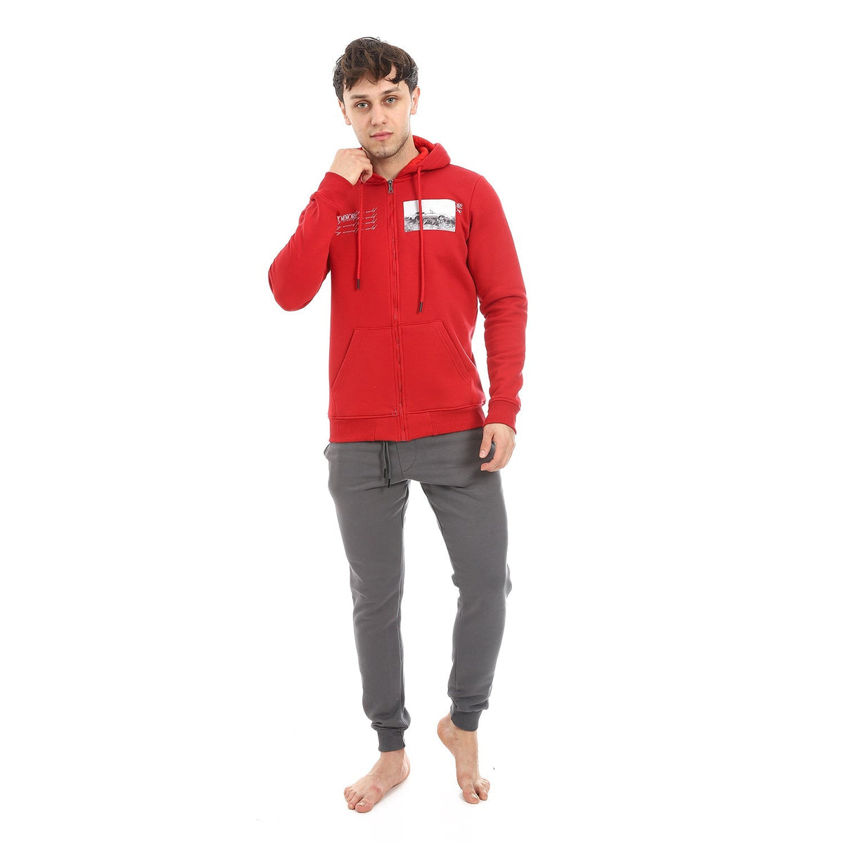Men's Red Printed Winter Hoodie - Modern And Warm Loungewear - Red Cotton