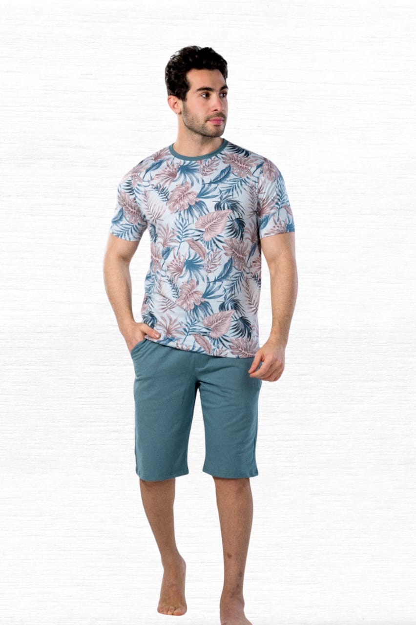 Men's Round Tropical Leaves Tee & Solid Short Pajama Set - Aqua - Red Cotton