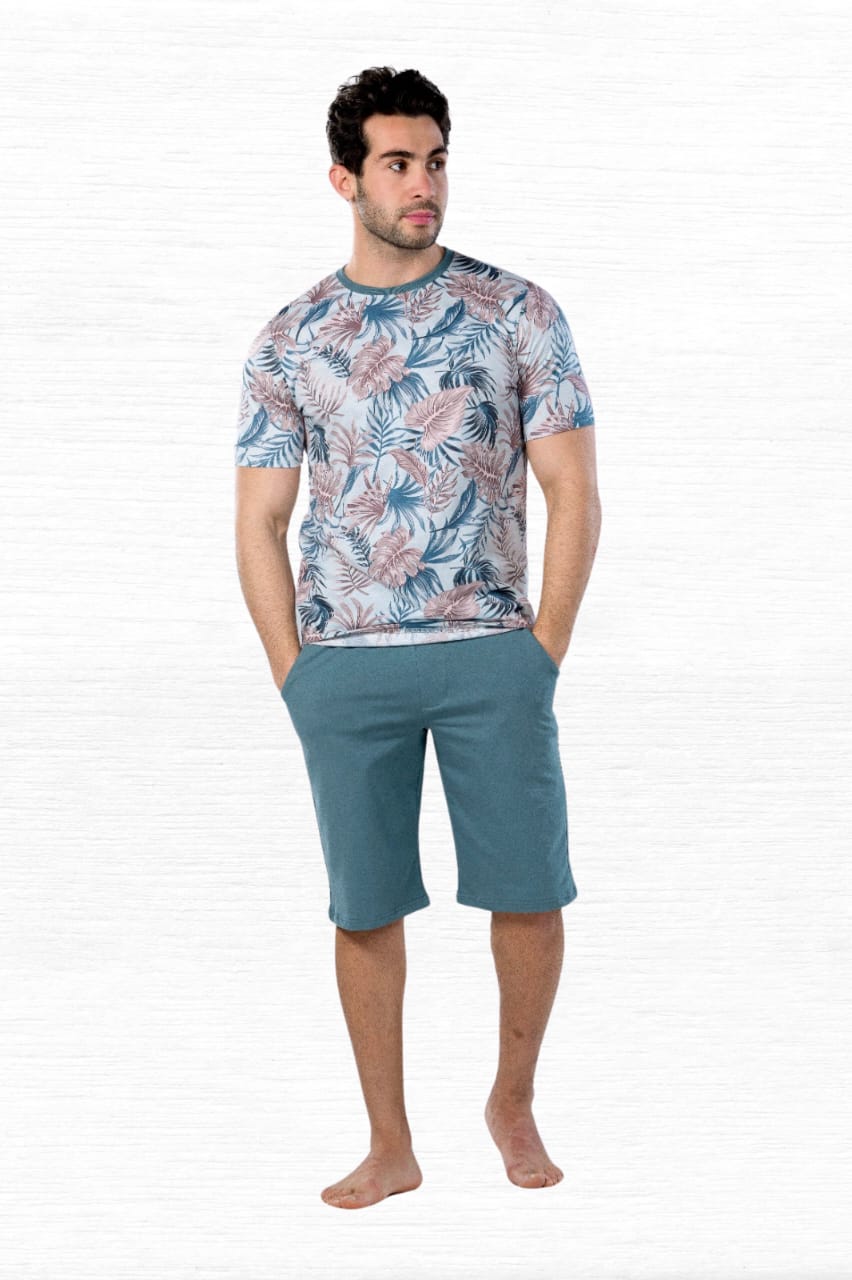 Men's Round Tropical Leaves Tee & Solid Short Pajama Set - Aqua - Red Cotton