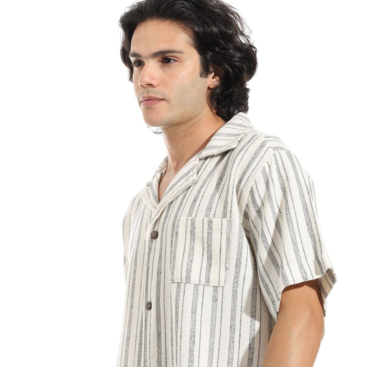 Men’s Short Sleeve Linen Striped Black Shirt - Red Cotton