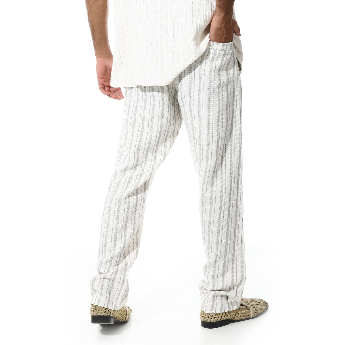 Men's White Linen Striped Pants – Green Pinstripes, Lightweight & Breathable - Red Cotton