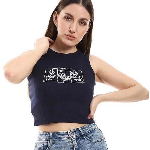 Navy Blue Crop Top With Graphic Print - Red Cotton