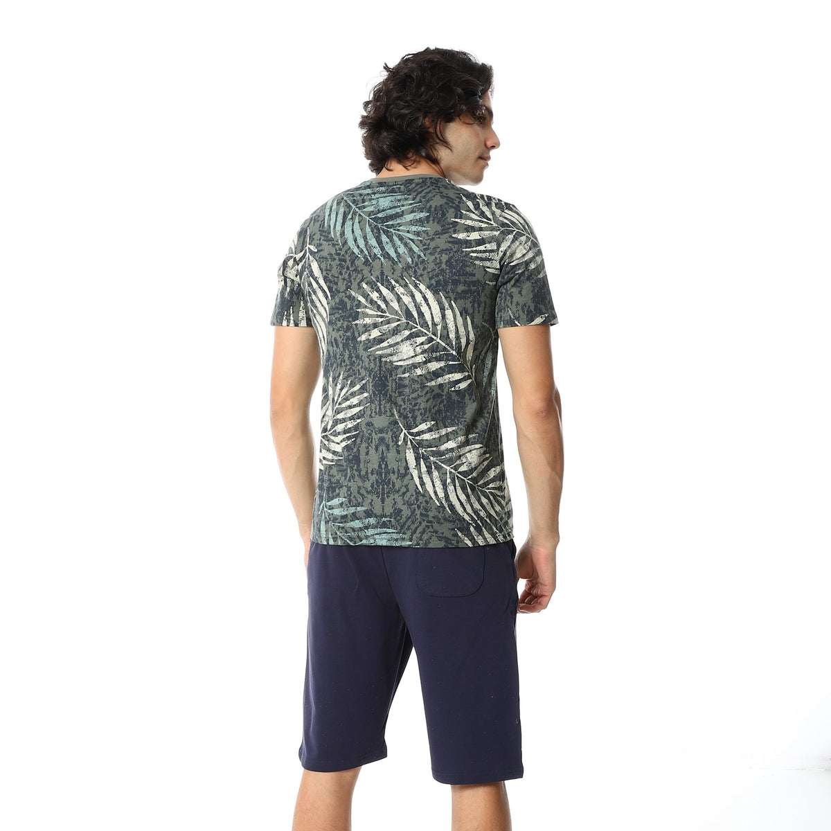 Olive Palm Leaves Tee & Solid Navy Shorts Pajama Set - Red Cotton