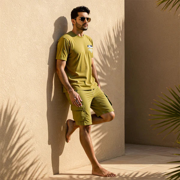 Men's Set Casual Cargo Shorts Set – Print T-Shirt